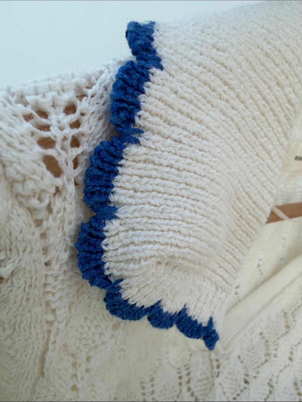 Cream V-Neck Knit Sweater with Blue Trim - Picture 3 of 4